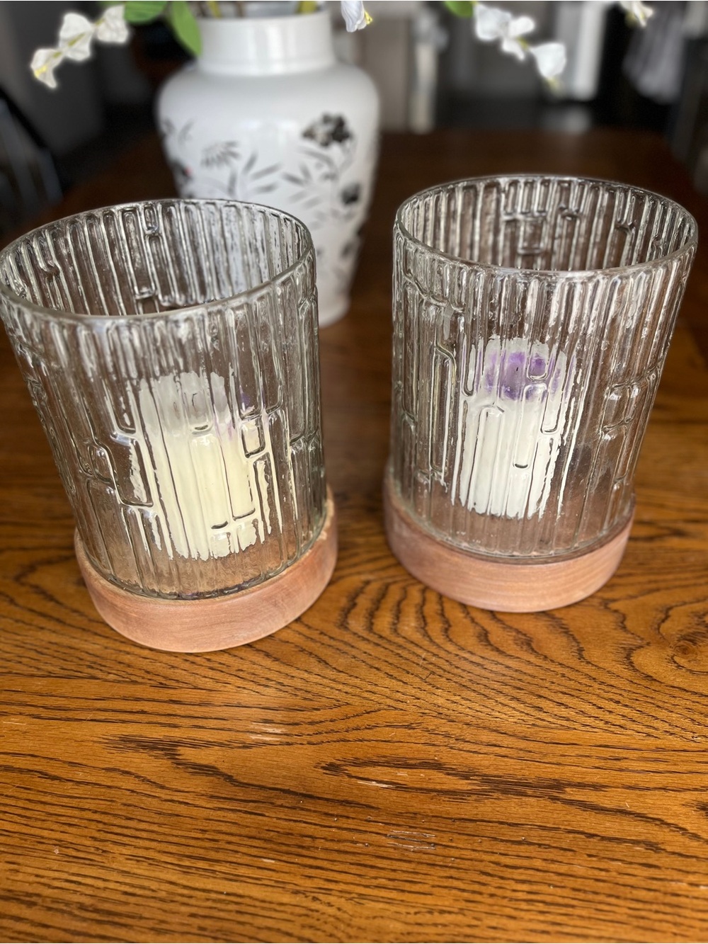 Glass Ribbed Hurricane Candle Holders with Wood Base - Clear Glass